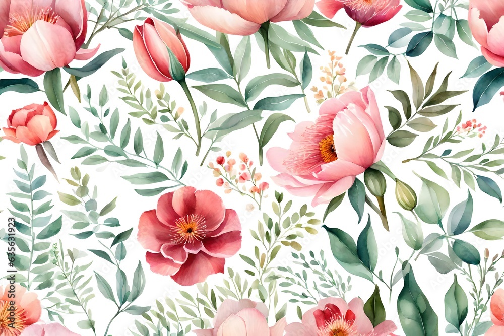 Hand painted floral elements set. Watercolor botanical illustration of eucalyptus, tulip, peony, rose,anemone flowers and leaves. Natural objects isolated on white background