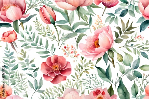 Hand painted floral elements set. Watercolor botanical illustration of eucalyptus  tulip  peony  rose anemone flowers and leaves. Natural objects isolated on white background