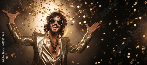 Man Dressed in Retro 1970s Disco Clothes Celebrating New Years Eve