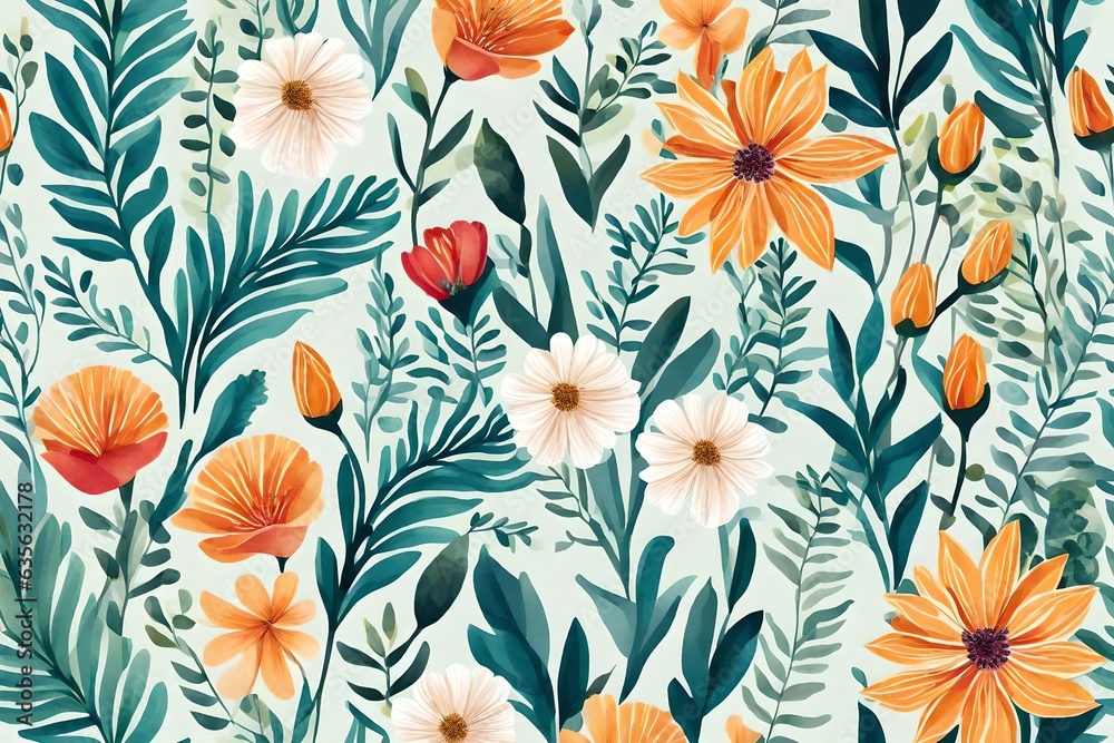 Vector pattern with flowers and plants. Watercolour floral illustration. Seamless pattern Vector pattern with flowers and plants. Watercolour floral illustration. Seamless pattern