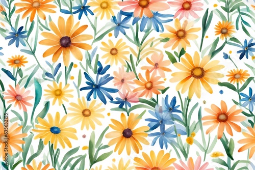 Hand painted multicolor watercolor all-over seamless spring small daisy liberty flowers. Ditsy floral watercolor pattern