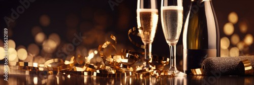 Glasses of champagne on a festive banner background, party or holiday concept. New Year or Christmas sparkling background with copy space. Gold and black colors.