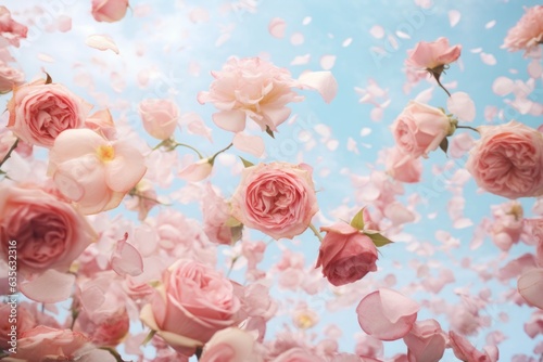 Spring background with roses and petals in the air. Pastel color combination.