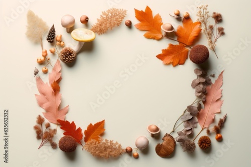 Simple minimal border made of colorful autumn leves, forest mushrooms, acorns and pine cones on soft pastel background. Flat lay, top view.