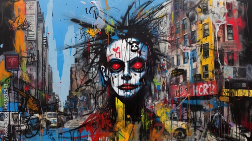painting style illustration of zombie face in urban cityscape  Generative Ai