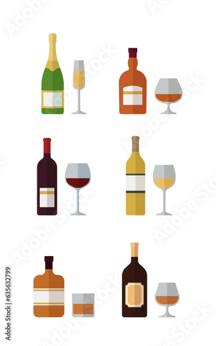 Set of alcohol bottles and glasses. Alcoholic drinks with wineglasses. Beverages in flat design. Vector illustration. Icons isolated on white background.