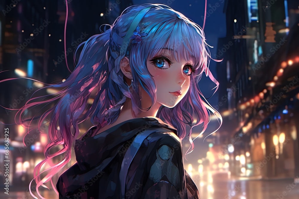 Fototapeta premium illustration of close up portrait of pretty woman walking in cyberpunk city street, Generative Ai