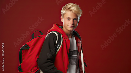 Cute scandinavian teenager boy in red shirt with school bag and books over red isolated background, half body, as school, education concept