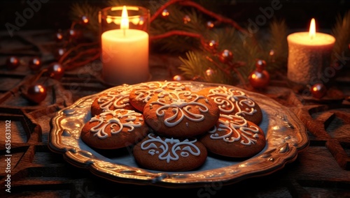 ginger cookies on plate surrounded by candles Generative AI
