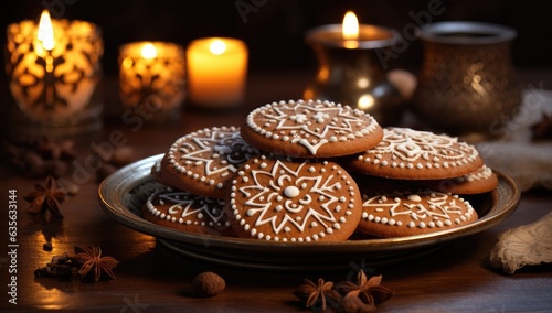 gingersnaps with snowflakes and candles Generative AI photo