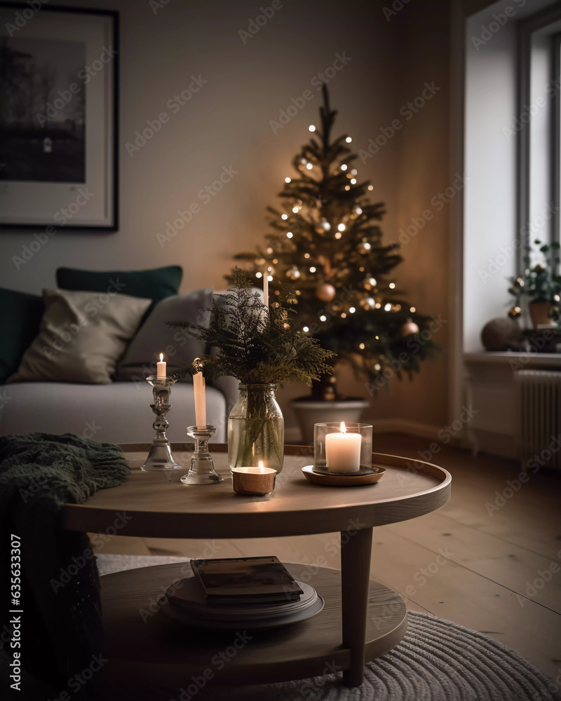 Luxurious Scandinavian Christmas: Step into the Elegance of a Modern Living Room Transformed by Holiday Magic!