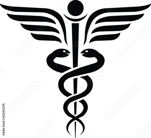 Snake medical symbol icon with stick and wings vector isolated on white background. Caduceus of Hermes healthcare flat icon for medical apps and websites. photo