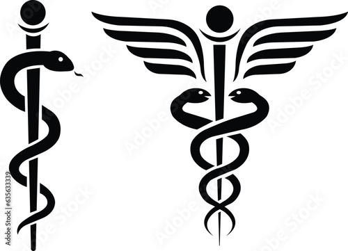 Snake medical symbol icons with stick and wings vector isolated on white background. Caduceus of Hermes healthcare flat icon for medical apps and websites.
 photo