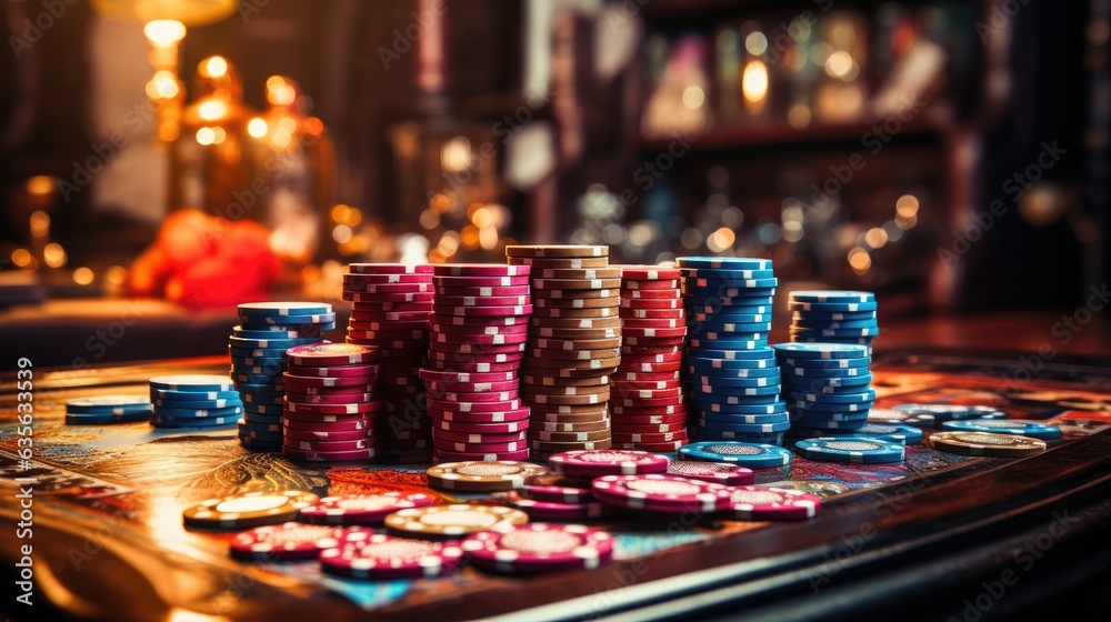 Poker Chips on a gaming table with dramatic lighting. Generative AI Poker Chips on a gaming table with dramatic lighting. Generative AI