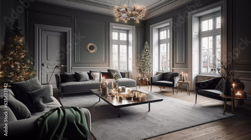 Luxurious Scandinavian Christmas: Step into the Elegance of a Modern Living Room Transformed by Holiday Magic! © 47Media