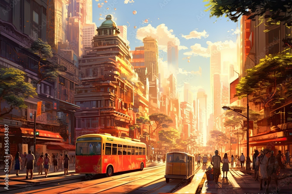 Hot sun beats down on bustling city streets. Hot sun beats down on bustling city streets.