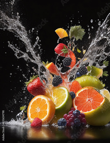 Realistic fruit juice splash burst composition with fruits on blank Black background
