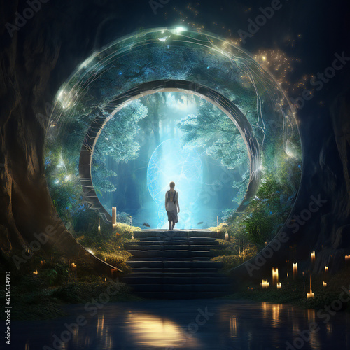 Vivid Magical Illustration Of A Man Passing Into A Portal With Beautiful Trees and Blue Radiance - Generative A.I. Art