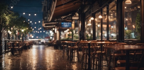 Cityscape, rainy evening on the street with a cafe.
