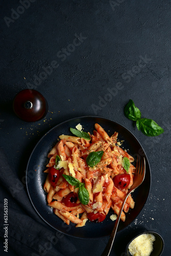 Penne pasta with grilled tomatoes. Top view with copy space.