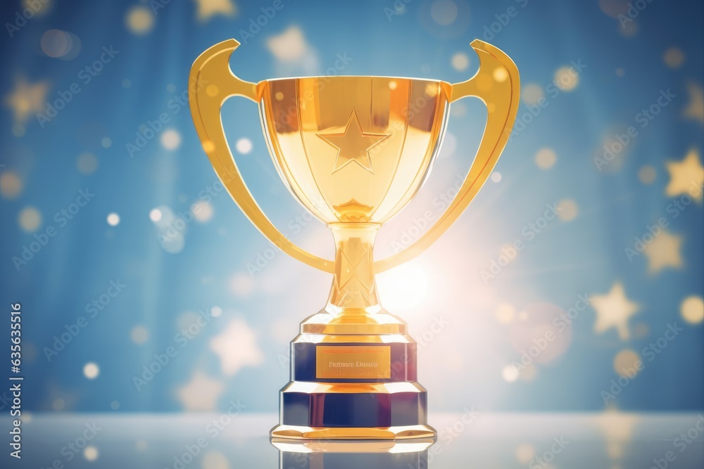 Digital composite image of a shiny golden trophy with lens flare against a blue background. Digital composite image of a shiny golden trophy with lens flare against a blue background.