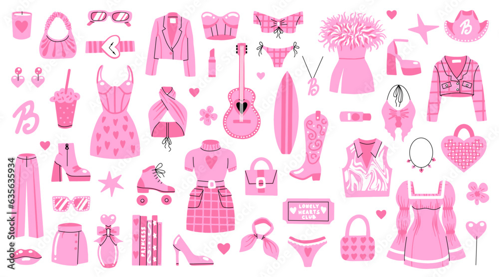 A large set of pink clothes and accessories. Girls' outfits, dresses, shoes for a plastic doll. Barbicore