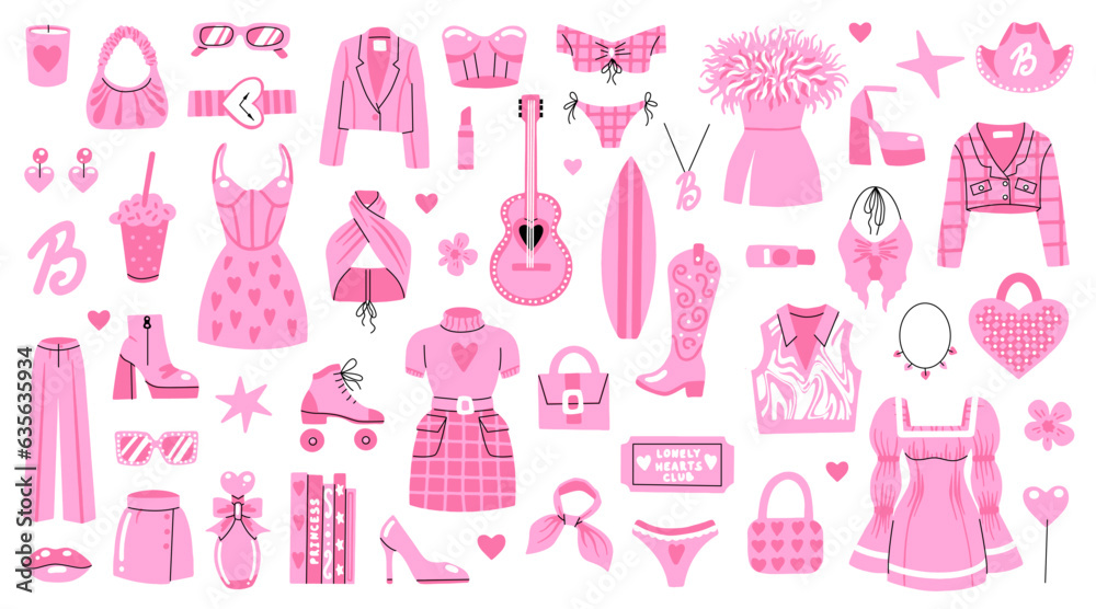 A large set of pink clothes and accessories. Girls' outfits, dresses, shoes for a plastic doll. Barbicore A large set of pink clothes and accessories. Girls' outfits, dresses, shoes for a plastic doll. Barbicore