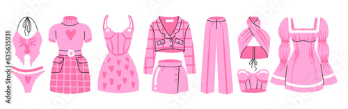 A set of pink clothes for a doll. Women's fashion clothing. Trousers, dress, skirt, T-shirt. Girly style