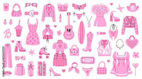 A large set of pink clothes and accessories. Girls' outfits, dresses, shoes for a plastic doll. Barbicore