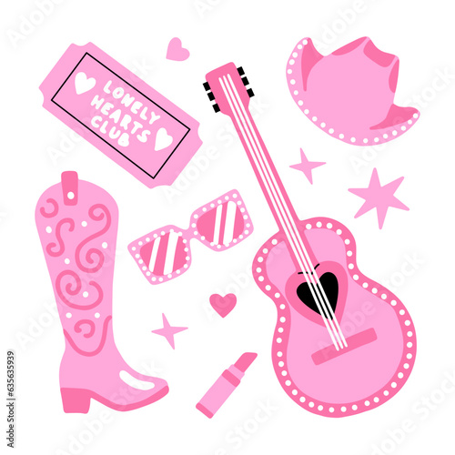 A set of pink women's accessories. Boots, guitar, hat, ticket, lipstick and glasses. Girly style for dolls