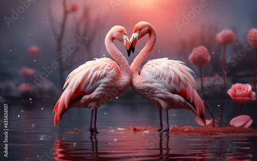 Two flamingos facing each other, heart shaped background. Valentine Day