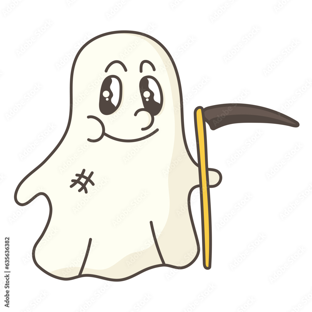 Cute ghost with a scythe in retro style. Minimalistic character. Halloween Cute ghost with a scythe in retro style. Minimalistic character. Halloween