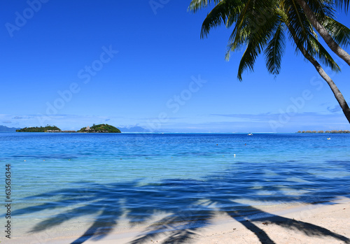 Fototapeta Naklejka Na Ścianę i Meble -  White sand beach and beautiful blue lagoon | Bora Bora | French Polynesia
