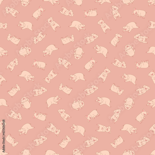 Pink wallpaper with sleeping pigs in different poses. Vector seamless repeat pattern of cute piglets