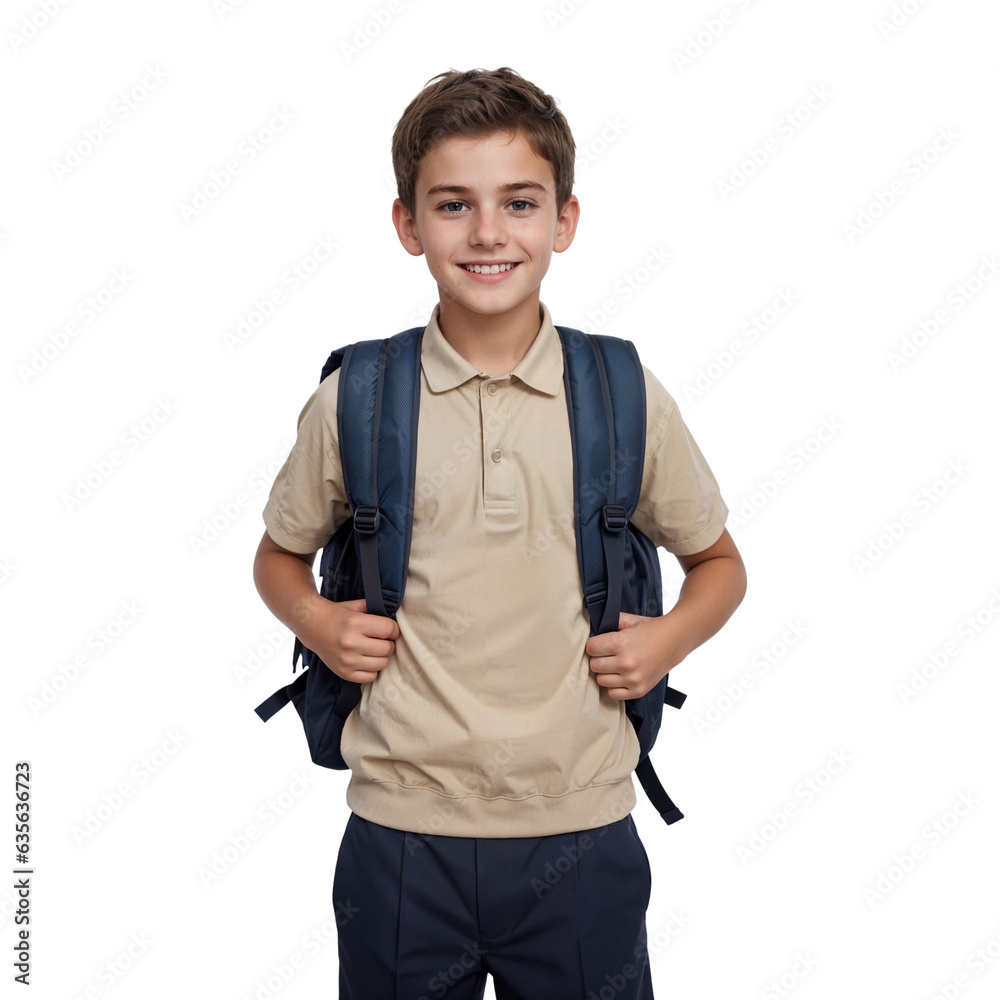 Fototapeta premium Portrait of smiling schoolboy with backpack looking at camera isolated on transparent background