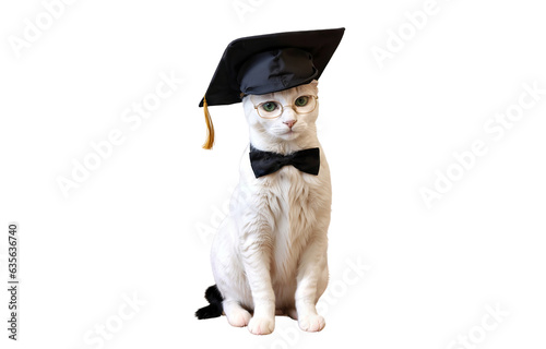 Cute cat wearing graduation cap and bow tie sitting, isolated on transparent background