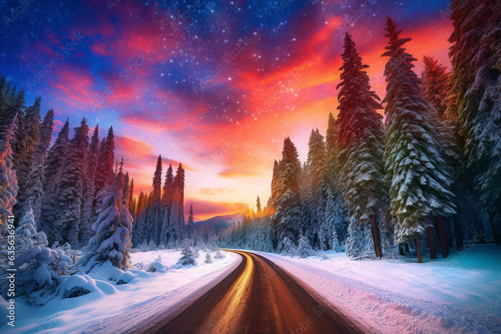 Road leading towards colorful sunrise between snow covered trees with epic milky way on the sky. Winter landscape. High quality photo