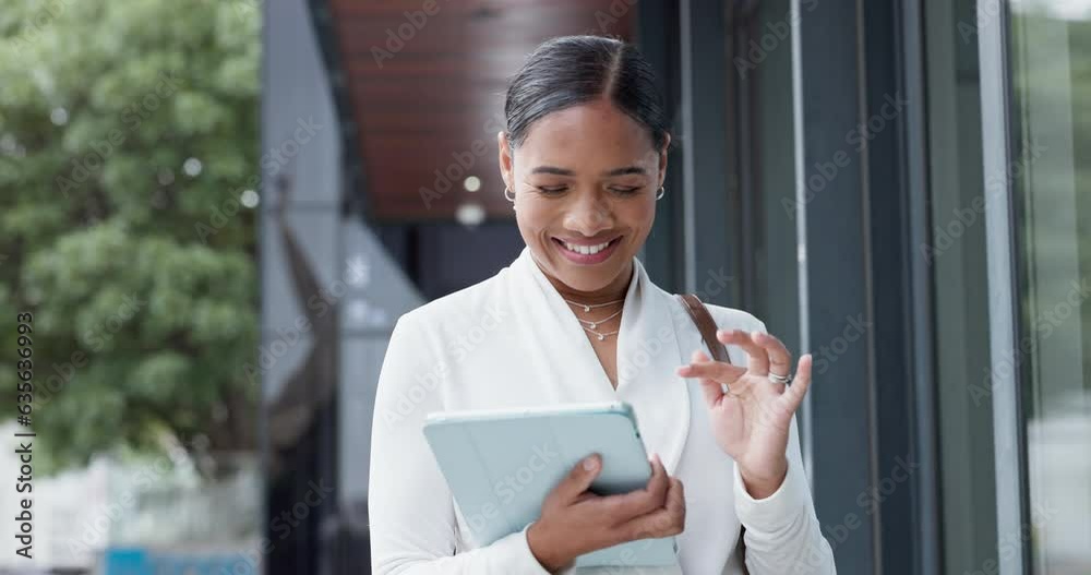 Walking, tablet and happy business woman in city online on morning commute, journey and travel to work. Smile, professional worker and person on digital tech for social media, networking and website