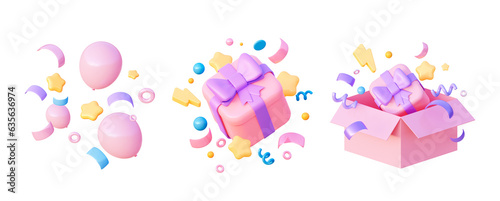 Gifts and confetti with balloons for birthday and Christmas. The concept of delivery for festive events. Elements for printing and web design. 3d rendering in cartoon style