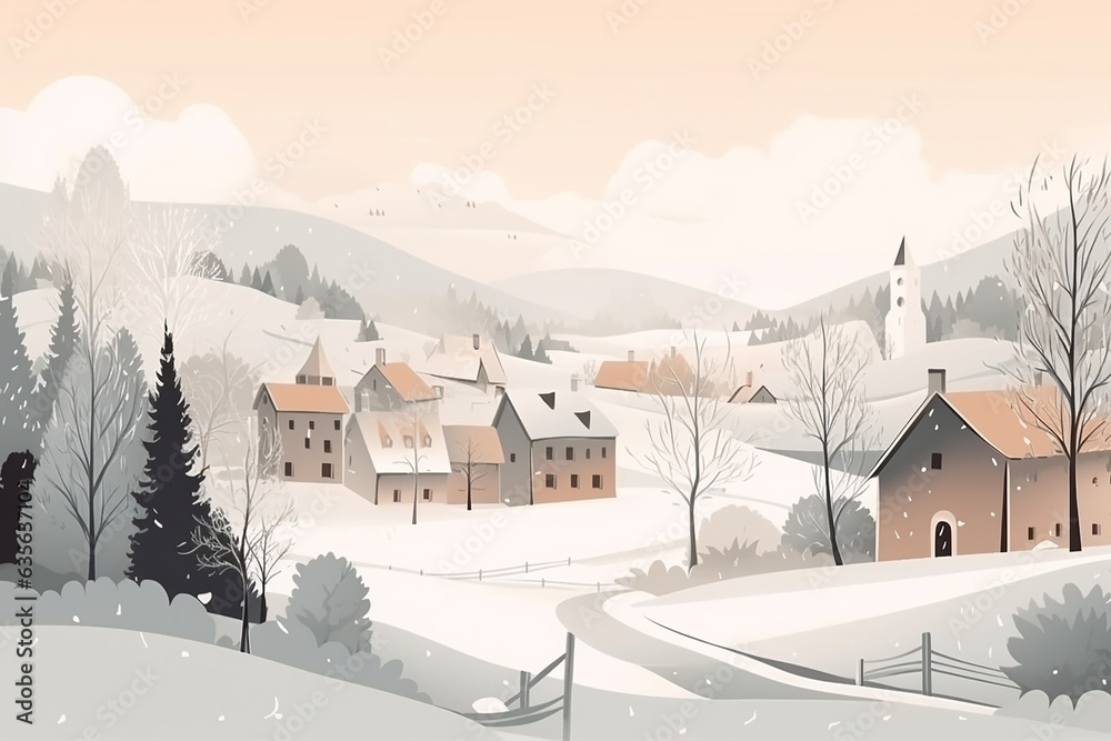 Winter houses in a countryside, hand drawing. Generative AI