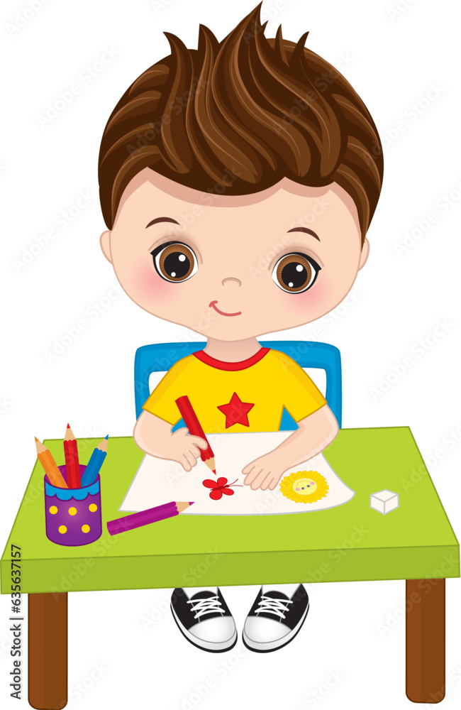 Cute Little Boy Drawing. Vector Little Artist Cute Little Boy Drawing. Vector Little Artist