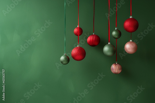 Red and green hanging Christmas decorative balls on the green background, copyspace. Generative AI