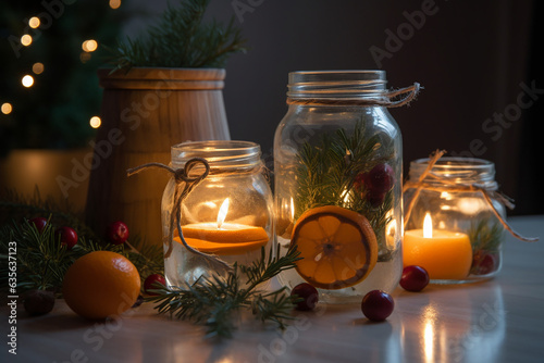 Christmas decorative interior handmade zero waste composition with dried orange slices. Generative AI
