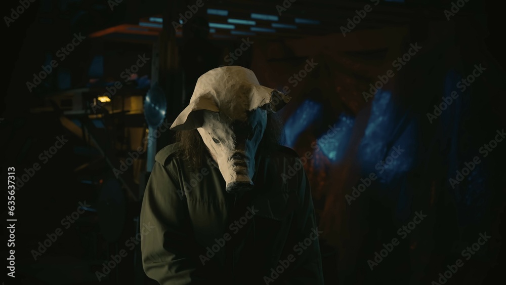Man horror maniac in the scary animal mask standing in the old warehouse.