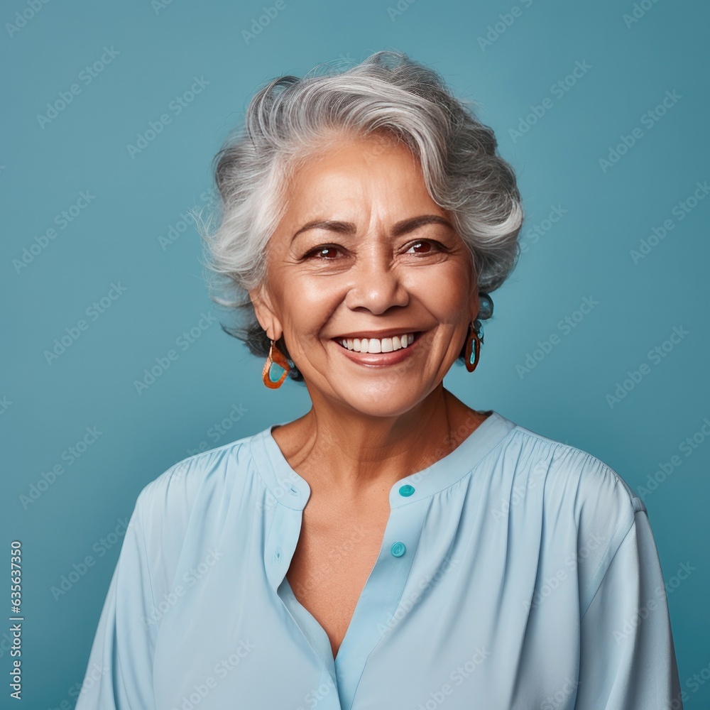 Portrait of a Mature Latino Woman Headshot on a Blue Background Portrait of a Mature Latino Woman Headshot on a Blue Background