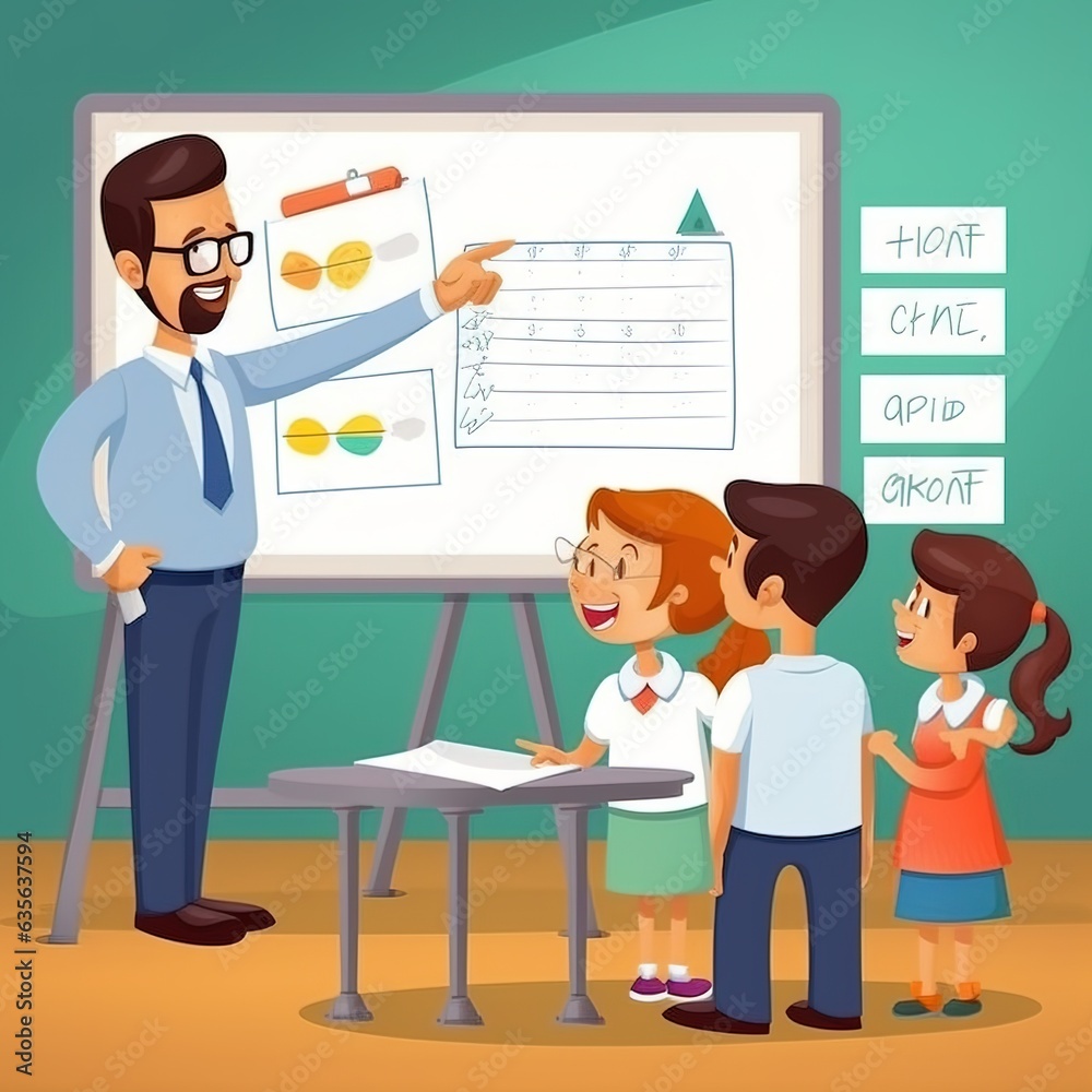 The teacher tells the children a lesson at the blackboard. The teacher tells the children a lesson at the blackboard.