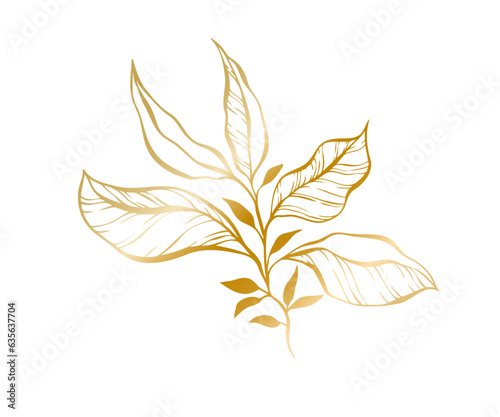 Botanical golden illustration of a leaves branch for wedding invitation and cards, logo design, web, social media and posters template. Elegant minimal style floral vector isolated.