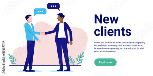 Handshake with new client - Banner with illustration of two businessmen shaking hands and having a dialogue. Flat design with white background and copy space for text