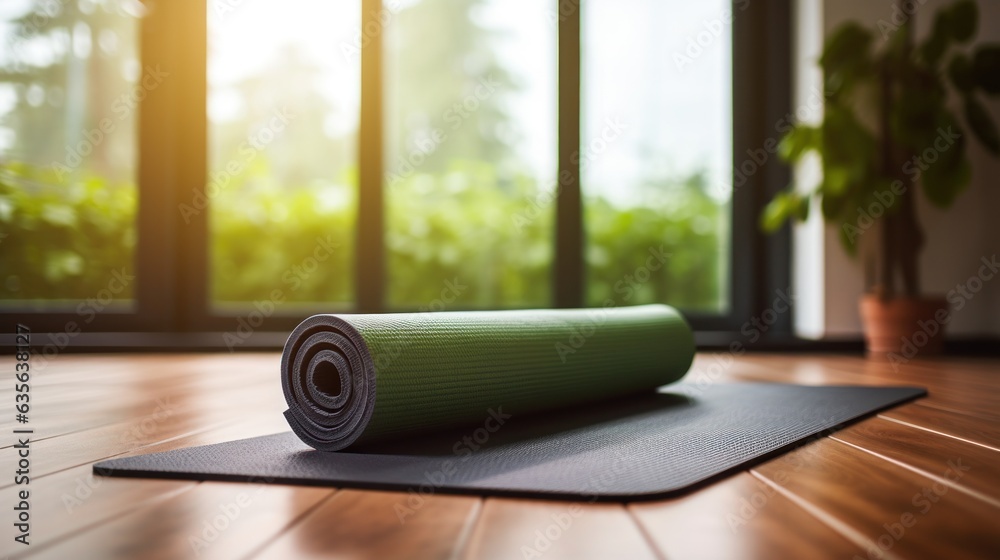 modern interior design with yoga carpet. Generative AI modern interior design with yoga carpet. Generative AI