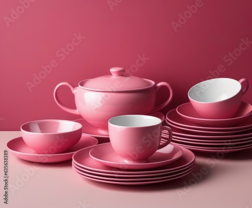 Restaurant interior mock-up. set of pink dishes and cups.